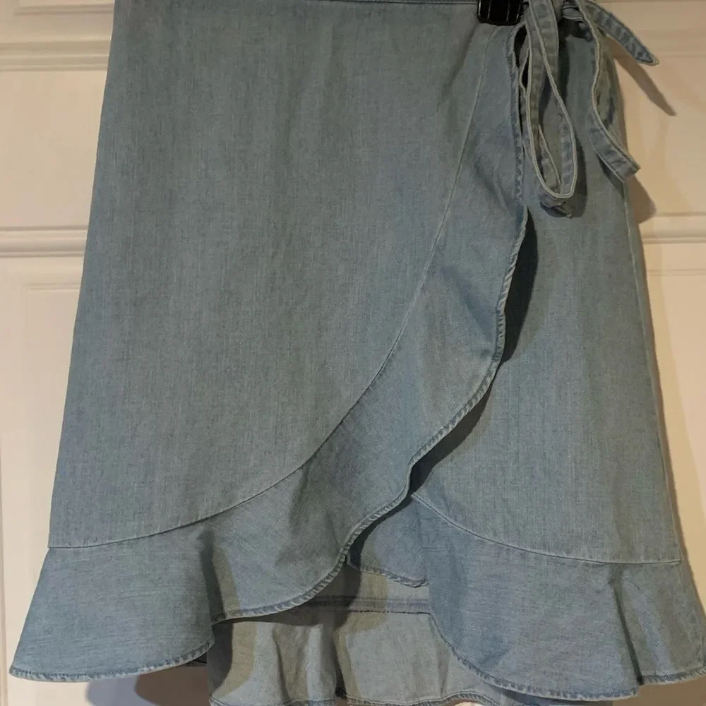 J Crew Mercantile Soft DenimBlue Mini Wrap Skirt with Ruffled Hem